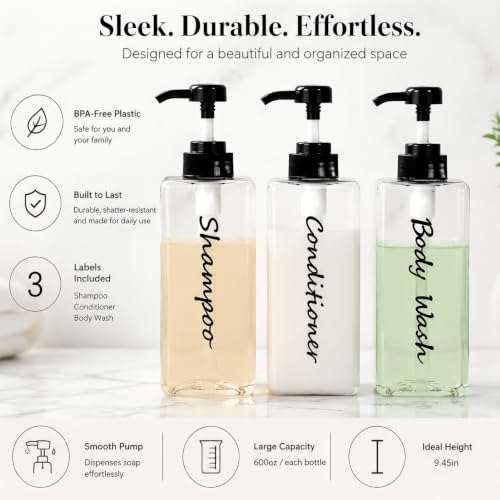 Black Refillable Shampoo & Conditioner Dispenser Set - Modern 21oz Bottles for Shower, 3 Pack