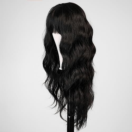 HAIRCUBE Black Wig with Bangs for Women Long Wavy Hair Wig Black Wig Curly Wavy Synthetic Wigs for Girls Daily Party Use