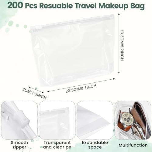 Bokon 200 Pcs Small Toiletry Bags Bulk, 5.12 x 8.11 Inches Clear Cosmetic Makeup Bags with Zipper Travel Pouches for Women Waterproof Transparent PE Storage Organizer for Swimsuit Bikini Vacation