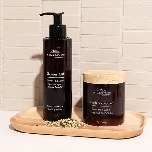 A La Maison Amber Jasmine & Santal Starter Kit - Shower Oil + Body Scrub ? Gently Exfoliates & Softens Skin ? French Formula, Plant-Based