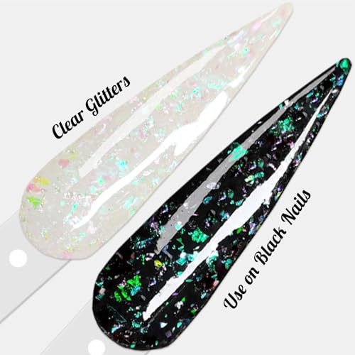 OUMISAYA Glow in the dark Holographic Nail Clear Dip Powder Colors 1OZ Pefect Top Coat Powder with opal foils for black nails art