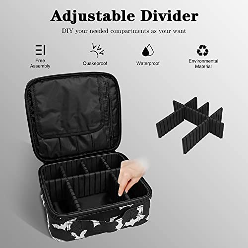 9CH Goth Makeup Organizer Bag, Halloween Makeup Bags Large Cosmetic Bag with Adjustable Dividers Portable Bat Cosmetic Case for Make up Brushes Toiletry Jewelry£¨Black Bats£©
