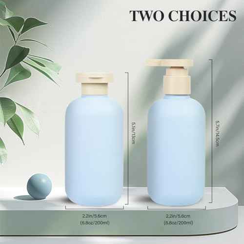 6.8oz Refillable Shampoo and Conditioner Bottles, 2PCS Squeezable Travel Shampoo Bottles with Flip Cap and 2PCS Pump Dispenser and Labels