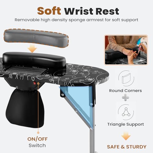 WELLHUT Portable Manicure Table with LED Lamp & Dust Collector