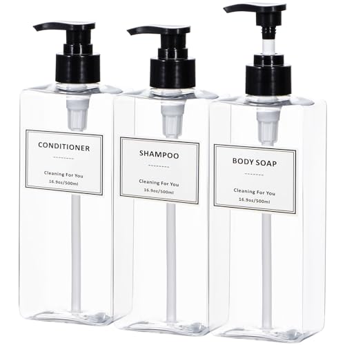 Plastic Shampoo and Conditioner Dispenser, Yeeco Refillable Pump Bottles Blue Shampoo Dispenser 16.9oz/500ml Shampoo Bottles with Pump 3 Packs for Bathroom, Kitchen, Hotel - Clear