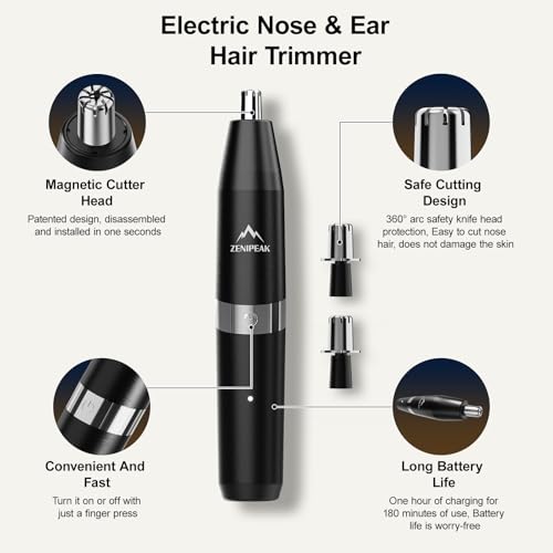 Professional Nose Hair Trimmer for Men Women, Painless Electric Ear & Nasal Hair Clipper, Patented Magnetic Heads (3-Pc Set), Micro-Vacuum, 8000 RPM, 180-Min Runtime, Waterproof Travel Kit