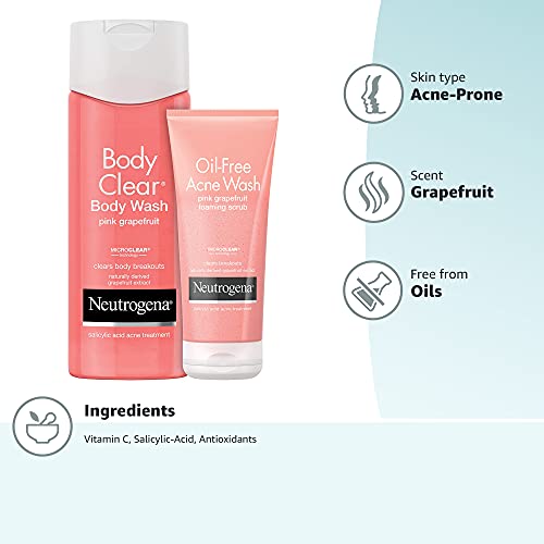 Neutrogena Oil Free Pink Grapefruit Acne Face Wash, 6.7 fl. oz (Pack of 3) with Neutrogena Body Clear Acne Treatment Body Wash, 3 x 8.5 fl. Oz