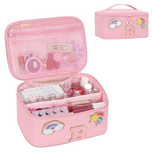 OCHEAL Pink-Rainbow Initial Makeup Bag Travel Cosmetic Case for Girls