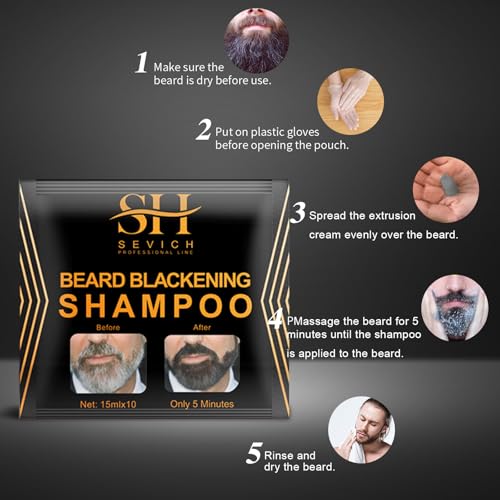 SEVICH Beard Blackening Shampoo for Men - Instant Natural Black Color, Anti-Hair Loss Formula, 10x15ml Travel-Friendly Packets | Safe & Gentle Beard Dye with Nourishing Care
