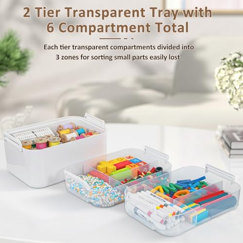 White 3-Layer Plastic Craft Organizer Box with Removable Trays, Handle, 10.6x7.6x9 in