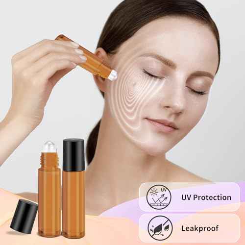 150 Pcs Essential Oil Roller Bottles 10 ml Leakproof Empty Glass Roll on Bottles with Stainless Steel Roller Balls with 20 Funnels 20 Droppers for Travel Perfume Essential Oil(Amber)