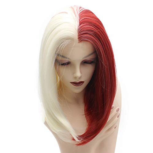 iwonawig Lace Front Synthetic Bob Wig (half white half red)