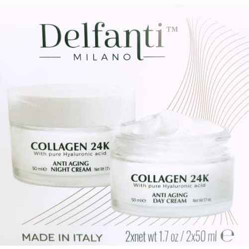 Delfanti ? COLLAGEN 24K ? Anti-Aging DUO pack ? Day Cream jar PLUS Night Cream jar? Face, Neck and D?collet? Moisturizers with pure Hyaluronic Acid ? Made in Italy