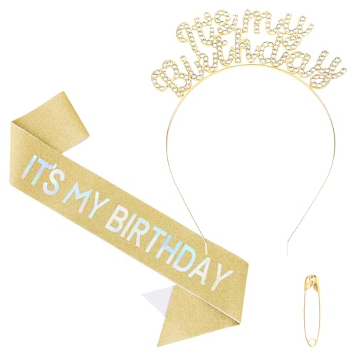 BAHABY It's My Birthday Sash & Birthday Headband Set Rhinestone Tiara Birthday Gifts for Women Girls Sweet Happy Birthday Accessories for Party- Gold