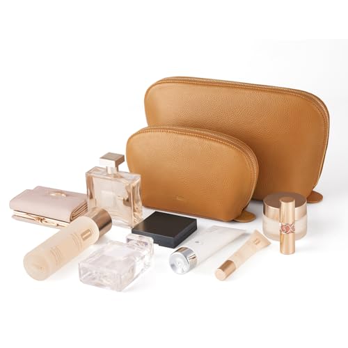 Kattee Medium Leather Makeup Bag for Women - Brown Cosmetic Organizer