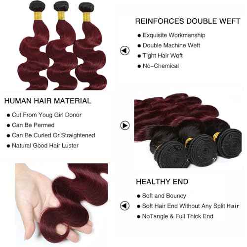 Burgundy Body Wave Bundles Human Hair Ombre Red Human Hair Bundles 18 20 22 Inch Double Weft Unprocessed Brazilian Remy Hair Extensions Silky Soft For Women 3Pcs/Set Deals