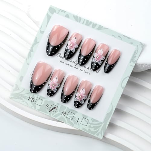 Medium Black & White Polka Dot French Tip Press on Nails with Flowers