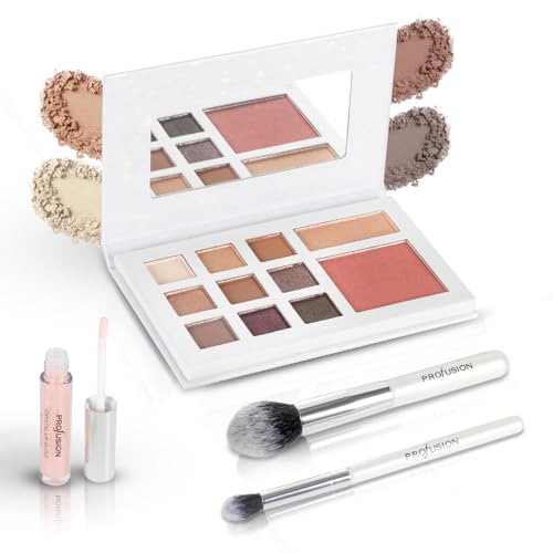 Profusion Cosmetics Beauty Box Face Collection - Compact Full Face Palette with Neutral Eyeshadows, Blush, Highlighter, Lip Gloss & 2 Application Brushes With Built-In Mirror, Vegan & Cruelty-Free