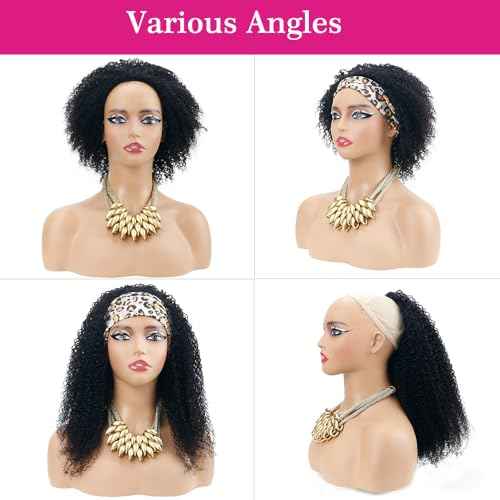 Wear & Go Glueless Wigs Human Hair Afro Kinky Curly Human Hair Half Wigs for Black Women Seamless Kinky Curly Bob Pixie Cut Wig Drawstring Full Head Clip in Half Wig 200% Density 10 Inch