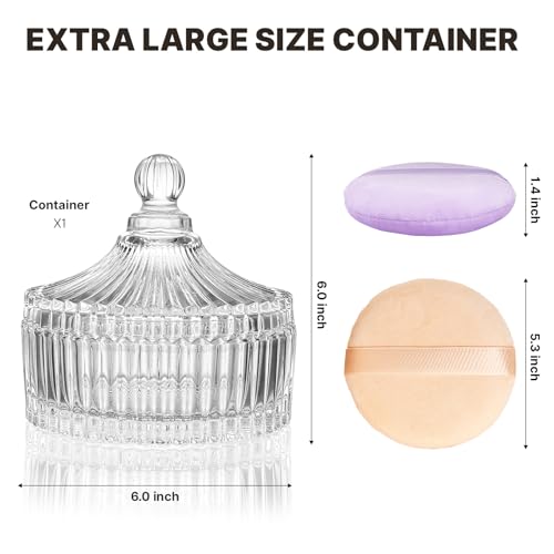 3 Pcs Extra Large Body Powder Puff and Container - 6 Inch Glass Dusting Powder Container with Puff, Body Powder Puff for Women Soft Washable Reusable Fluffy Makeup Wet Dry