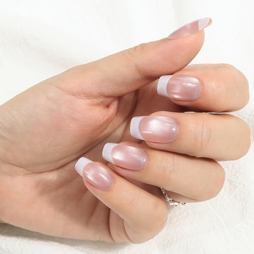 Press on Nails Short Square, Nude Pink French Tip Nail Press ons with Shimmer, Salon-quality 30Pcs Stick on Nails Kit, Reusable False Nails for Women (L2270)