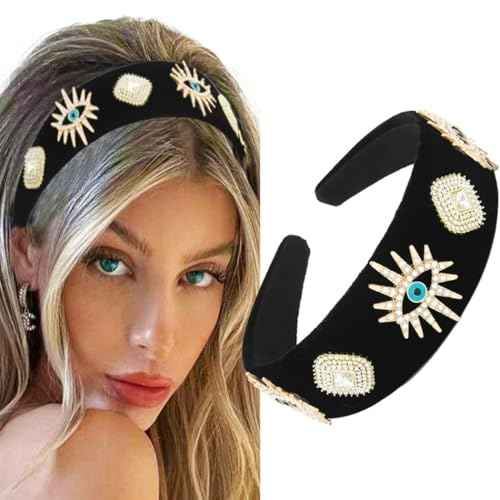Black Baroque Wide Headbands Rhinestone Evil Eyes Hairbands Vintage Crystal Hair Band Party Prom Headpieces for Women