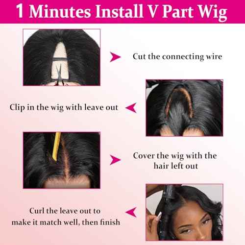 V Part Wig Body Wave Upgrade U Part Wigs for Black Women Premium Protein Silk Fiber & Human Hair Blended, Clip in V-Part Half Wigs Glueless Wear and Go 180% Density Natural Black 20 Inch