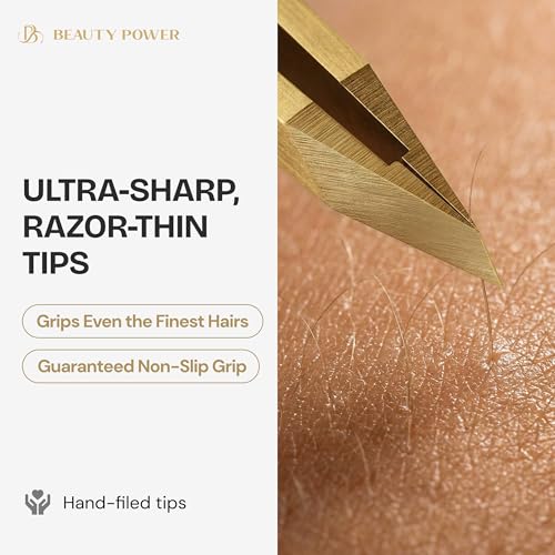 Professional Tweezers Set ? Slant & Point, Ultra Precision German Stainless Steel Tweezers for Eyebrows, Chin, Ingrown Hair & Facial Grooming ? Lightweight with Case - Gift Idea - Gold
