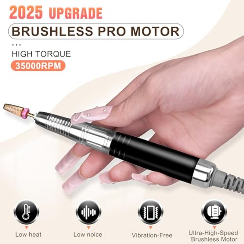 Professional 80W Brushless Nail Drill, 35000RPM Cordless E-File