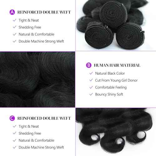12A Human Hair Bundles 26 28 30 Inch Body Wave 100% Unprocessed Brazilian Virgin Hair 3 Bundles Human Hair Extensions Quick Weave Natural Black