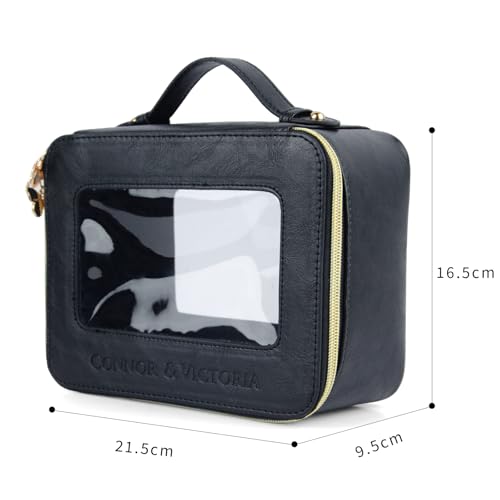 TRISTAN HOME Faux Leather Travel Makeup Case with Clear Display Window, Gold Zipper Trim, 8.5 x 6.5 x 3.7 Inch Cosmetic Organizer