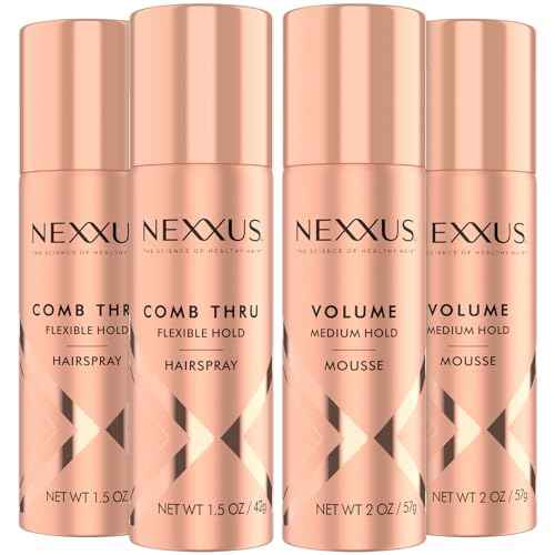 Nexxus Travel Hairspray and Mousse Bundle ? Comb Thru Flexible Hold Hairspray (1.5 Oz) 2-Pack + Volume Medium Hold Mousse (2 Oz) 2-Pack, Anti-Humidity, Frizz Control, Rose Fragrance