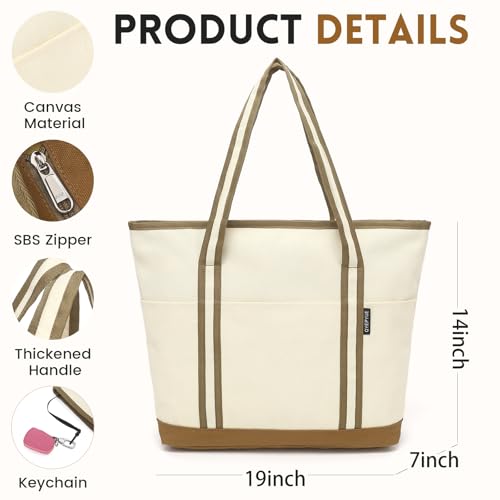Large Canvas Tote Bag with Zipper & 3 Pockets