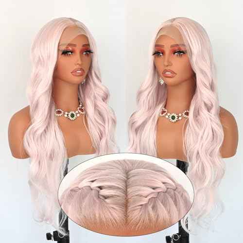 Pink Lace Front Wigs Long Wavy Wigs for Women Long Curly Synthetic Lace Frontal Wig Loose Wave Wig Heat Resistant Glueless Synthetic for Daily Party 24 Inch