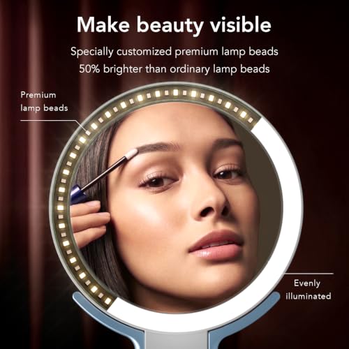 LitBear Travel Makeup Mirror with Lights - White Blue, Dimmable 10X/1X Magnifying Portable Mirror