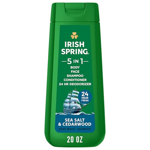 Irish Spring 5 in 1 Moisturizing Body Wash for Men, Shampoo, Conditioner, Body and Face Wash, and 24 Hour Deodorizer, Paraben-Free, Sea Salt & Cedarwood Scent, 20 fl oz, 4 Pack