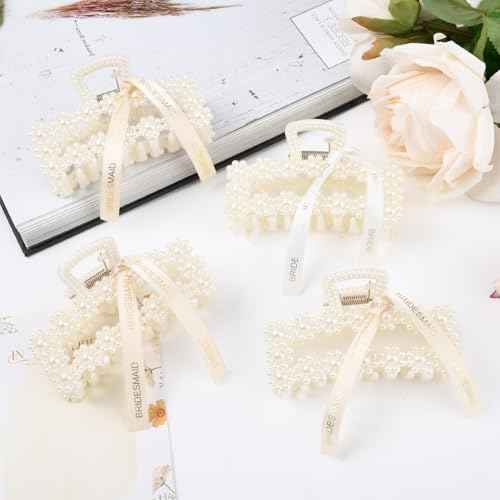 DEEKA Bridesmaid Gifts Set of 8 Bridesmaid Proposal Gift Pearl Bride Hair Clips with Ribbon Large Hair Clips Bachelorette Party Favors Bridal Party Present Gifts (Rectangle White&Champagne)