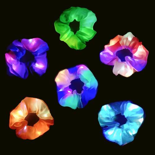 WATETTY LED Scrunchies 6-Pack Neon Hairbands with 3 Light Modes for Girls Women Parties