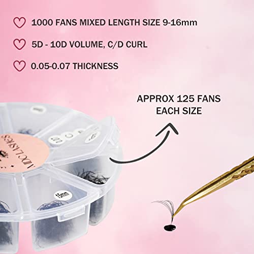 Promade Eyelash Fans Mix Length 1000 Fans Volume Lash Extensions 8D-16D, C/D Curl, 9-16mm Length, 0.05-0.07 Short Stem PBT Synthetic Vegan False Eyelash