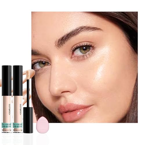 2 Pack Liquid Concealer for Older Women, Under Eye Brightener Concealer, Full Coverage Lightweight Undereye Brightening & Dark Circles with Mini Makeup Puff, #02 Light