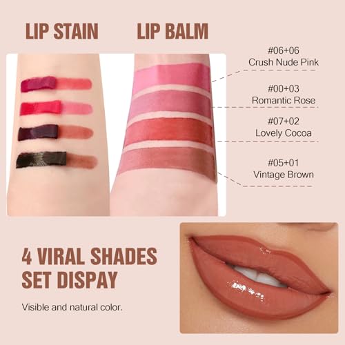 Vevivia Lip Stain Set - Peel Off Lip Stain and Lip Balm, Long Lasting Lip Liner Stain with Natural Finish, Moisturizing Lip Balm for Dry Lips, Hydrating Gloss, Waterproof, Smudge-proof, Brown