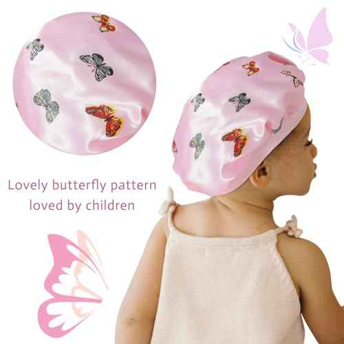4 Pcs Silk Bonnet for Sleeping Kids Bonnets for Girls Baby Satin Sleep Cap Hair Wraps for Curly Natural Hair Elastic Wide Band,Butterfly