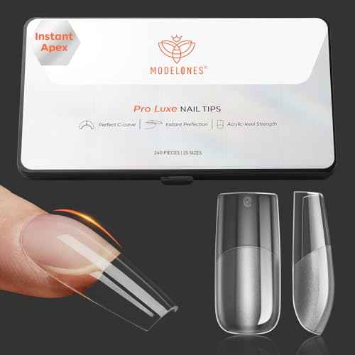 modelones Pro Luxe Instant Nail Apex Tips, Medium Square Extension Gel Tips Pre-building & Pre-etched Thicker Strength Acrylic Fake Nails Full Cover 15 Sizes