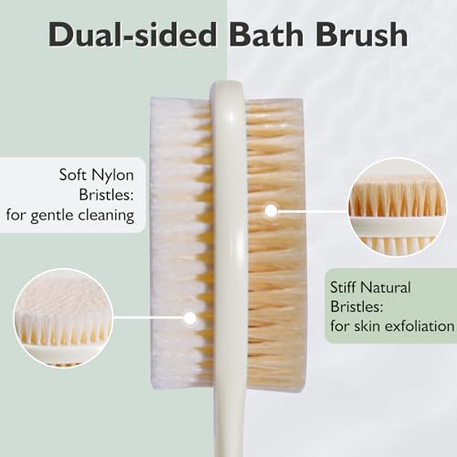 VANZAVANZU 17 Inch Anti-Slip Long Handle Back Scrubber for Shower ? Dual-Sided Shower Brush and Shower Back Scrubber with Soft and Stiff Bristles for Wet or Dry Brushing (Cream White)