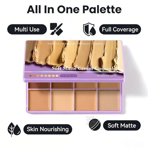 8 Shade Soft Matte Cream Concealer Palette - Waterproof Coverage for Dark Circles