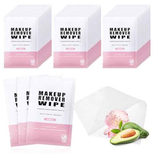 Pack of 50 Makeup Remover Wipes Individually Wrapped,Sakura Scent,Face Cleansing Wipes Bulk, Travel Towelette Makeup Remover Cloth for Face Cleansing Skin Care Remove Makeup