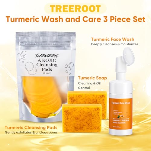 Treeroot 4Pcs Turmeric Face Wash Set: 2Pcs 70g Turmeric Kojic Acid Soap & Turmeric Face Wash with Brush & Turmeric Face Scrub Pads, Face & Body Cleanser, Cleansing Mousse for Deep Cleansing