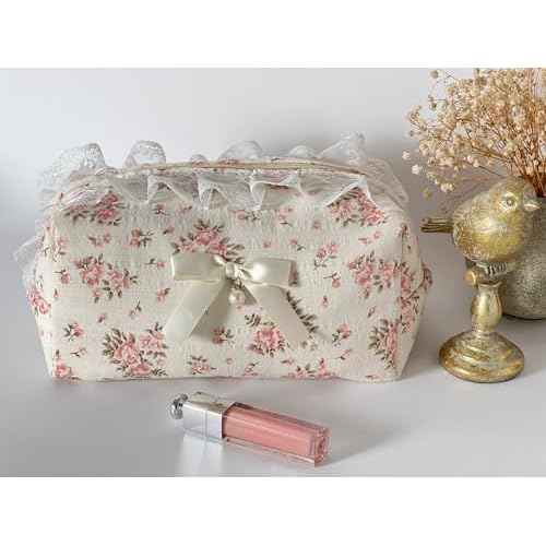 Floral Makeup Bag Set of 2 with Pearl Lace Bow + Silk Eye Mask, Coquette Accessories, Aesthetic Cute Makeup Bags for Women, Large & Small Pouch Set, Cotton Pouches for Purse, Gift Set for Women Girls
