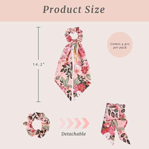 4-Piece Satin Hair Scarf Scrunchies for Women Girls, No Damage Cute Hair Ties with Bow Ribbons Ponytail Holders Elastic Rubber Bands (Lily)