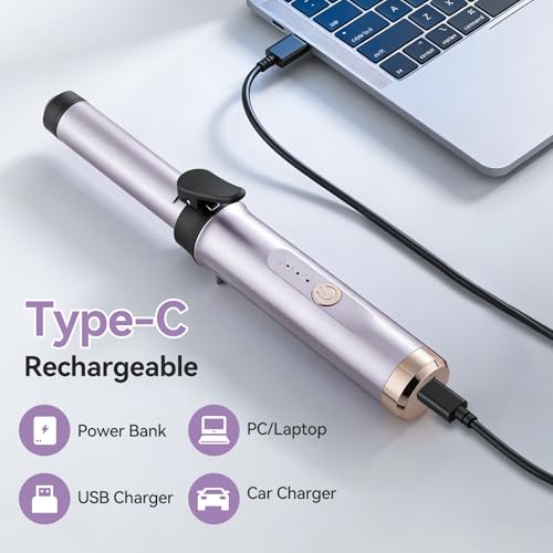 Purple Mini Cordless Travel Curling Iron with 3 Temp Settings & Negative Ions